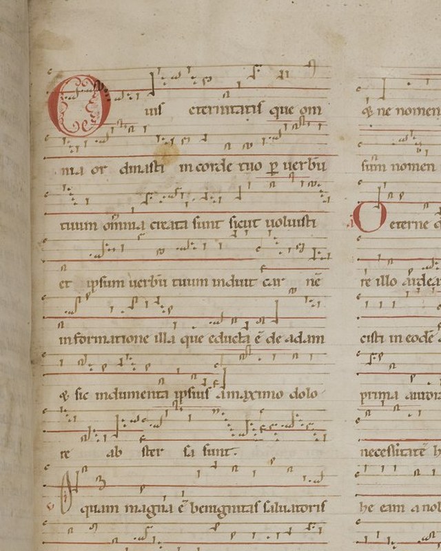 A page of Hildegard of Bingen’s chants in neumes, from the Riesencodex, about 1180